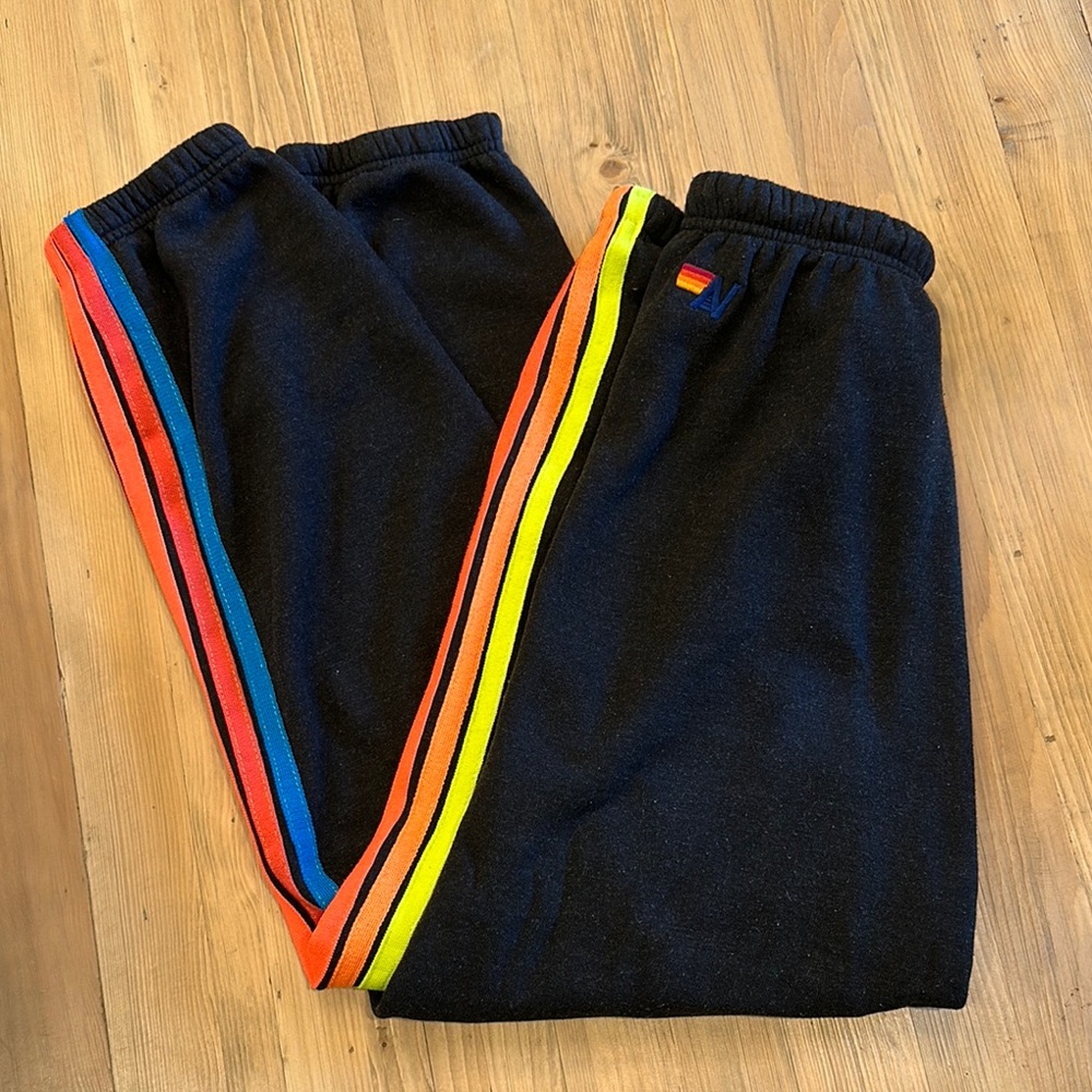 Aviator Nation Black Sweatpants with Rainbow Stripes
